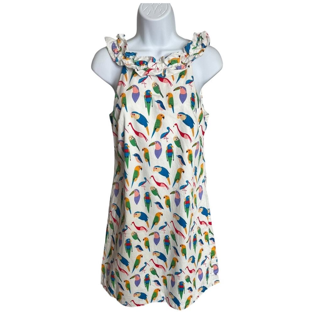 Larke Anthropologie sleeveless shift dress colorful parrots birds ruffle neck XS - Picture 4 of 9